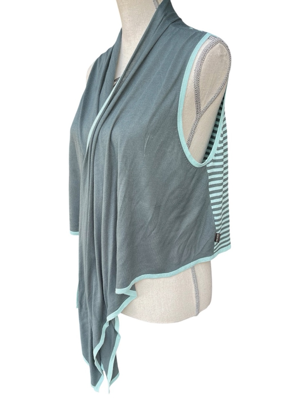 Anna Scott Dark Teal/Aqua Trim Stripe Dahlia Waistcoat Draped Sleeveless Top (L)